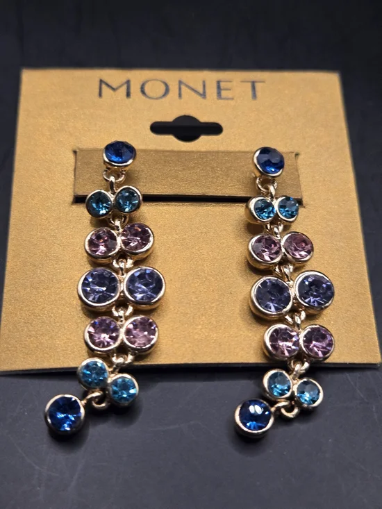 NWT Monet Multi-Color Crystal Drop Earrings Gold Tone Statement Dangle Vintage - Picture 2 of 9